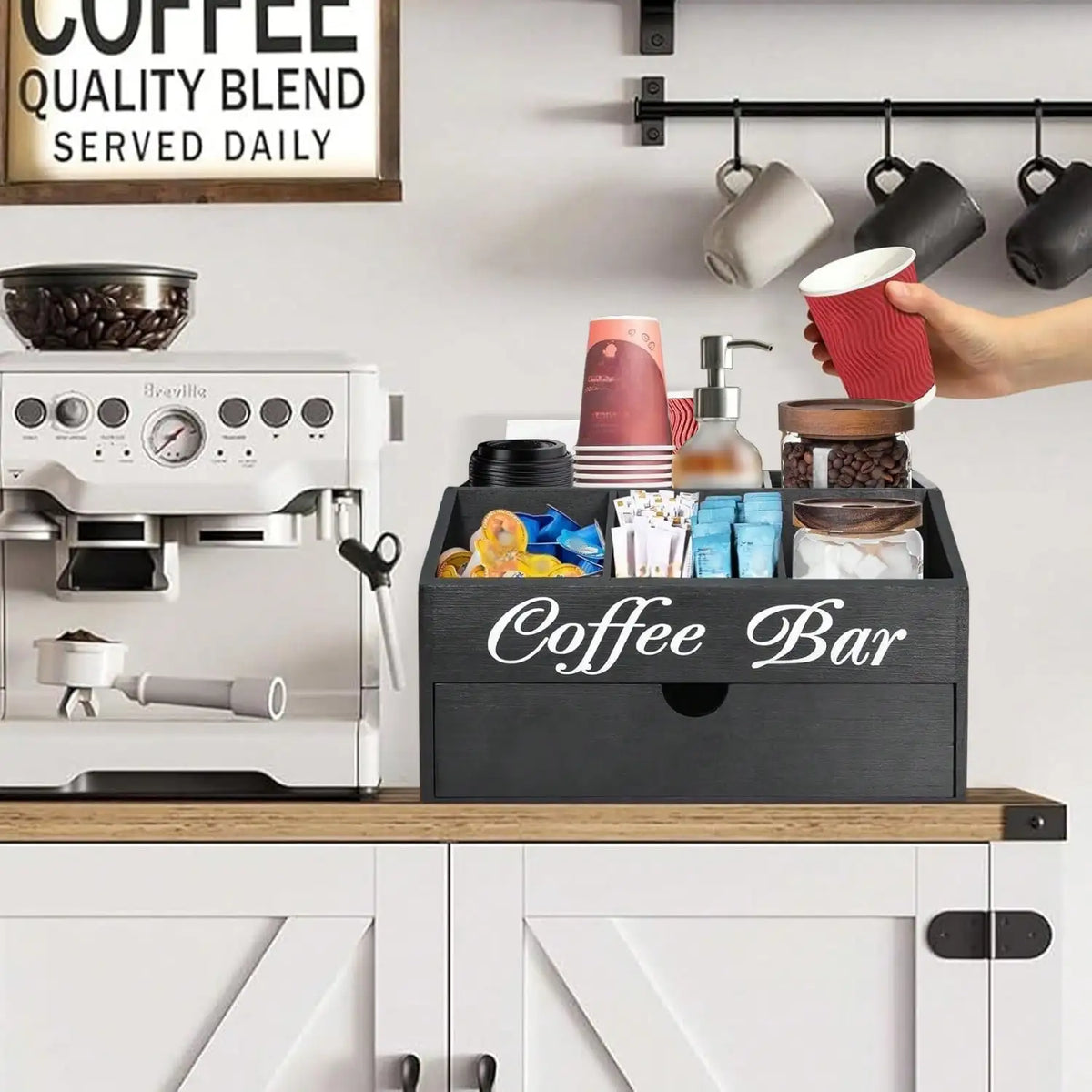 Coffee Bar Organizer Countertop Farmhouse Wooden Coffee Station Box Black Cursive Letter Printed Compartments Drawer For Coffee Pods Sugar Tea Cups Condiments Kitchen Office Counter Decor Housewarming Gift