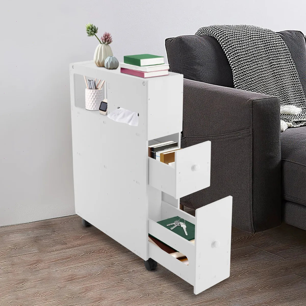 Narrow Bathroom Storage Cabinet, PVC, 4 Wheels with Brakes, Multi-Layer, Slim, for Toilet, Bathroom, Living Room, Organizer, Trolley, Floor Storage, Space Saving