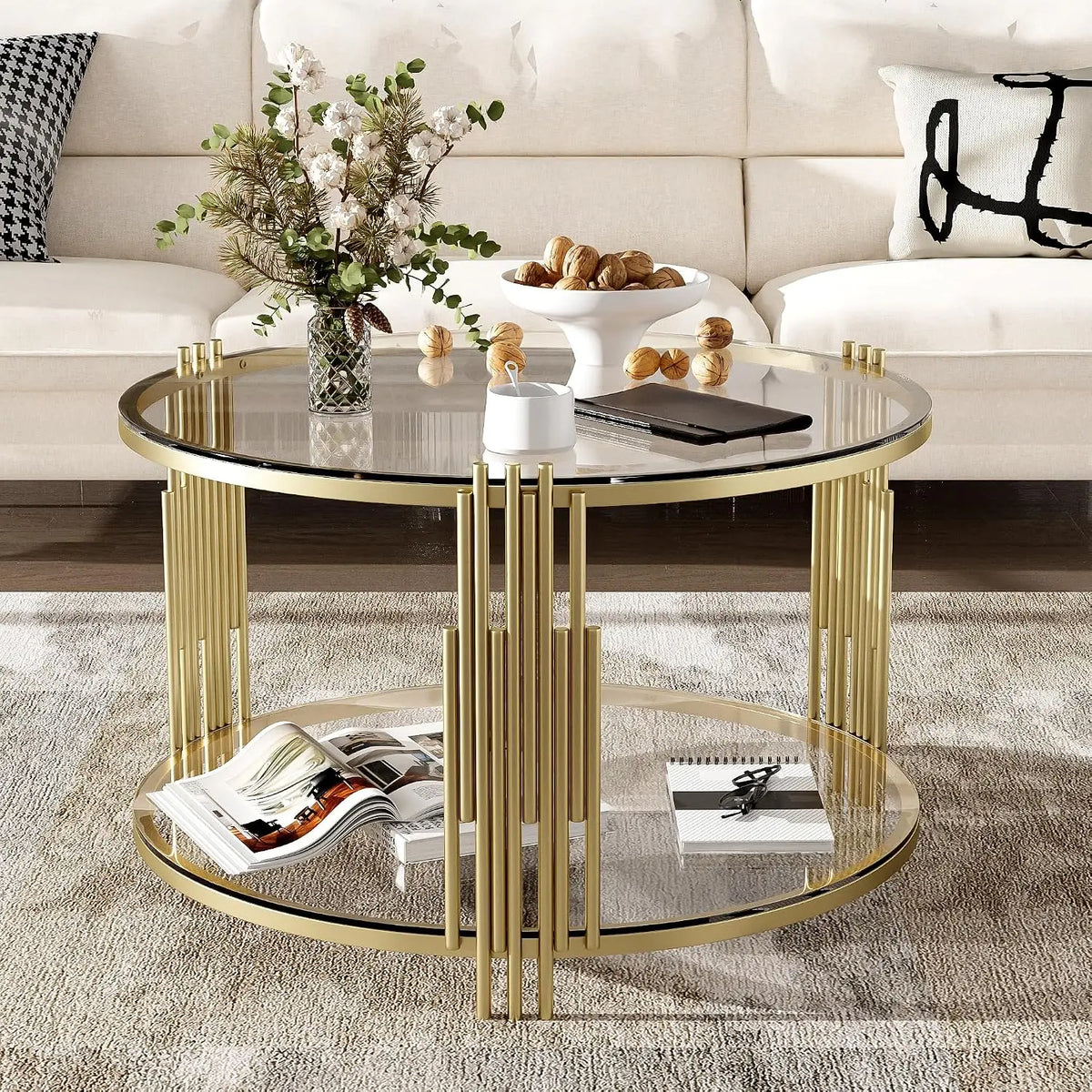 Modern Round Nesting Coffee Table with Marble Top, White & Gold Nesting Coffee Table Set of 2 Center Table with, Customized