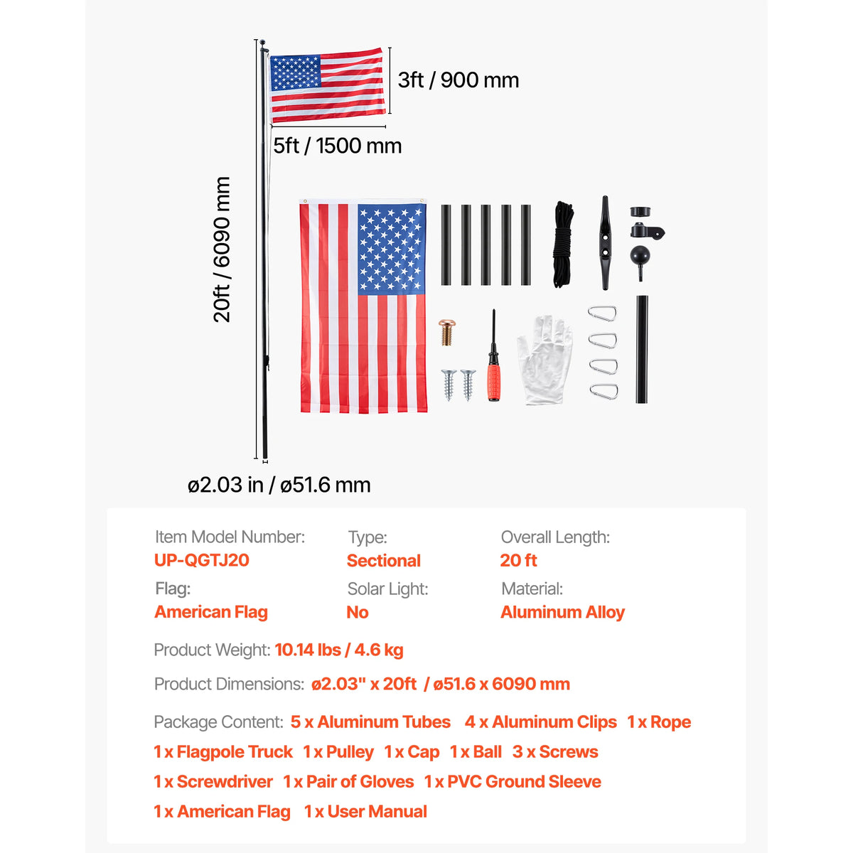 VEVOR Aluminum Flagpole Kit With American Flag For Yard