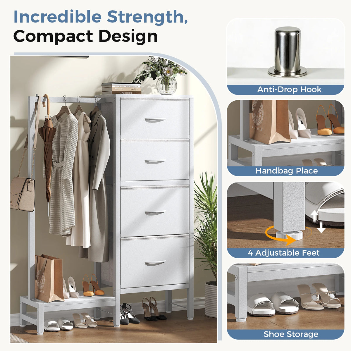 MCQ 4 Drawers Fabric Cabinet with Hanging Rack Living Room Beside Nightstand Dresser Tables with Clothes Rack Storage Closet Chest Clothes Display Of Furniture