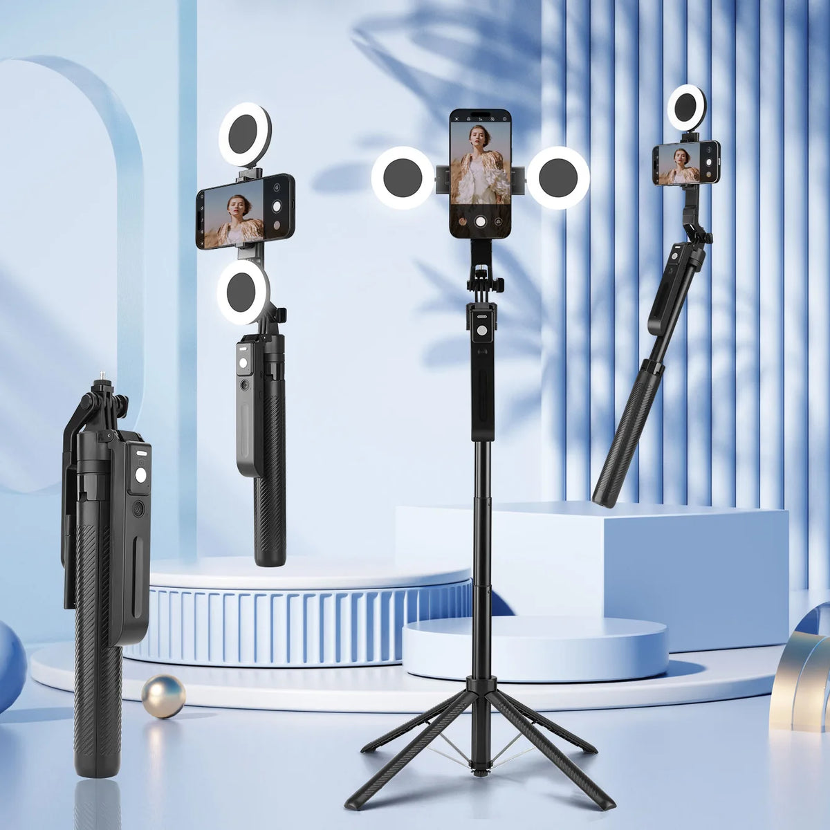 2025 New AI Selfie Stick Tripod, 360° Face Tracking. Multi-func Phone Mount W/ Remote & Fill Light, Adjustable Height, Sturdy Base. Compatible W/ IPhone & Android, For YouTube Recording & Travel Photography. Sleek Metal Fini