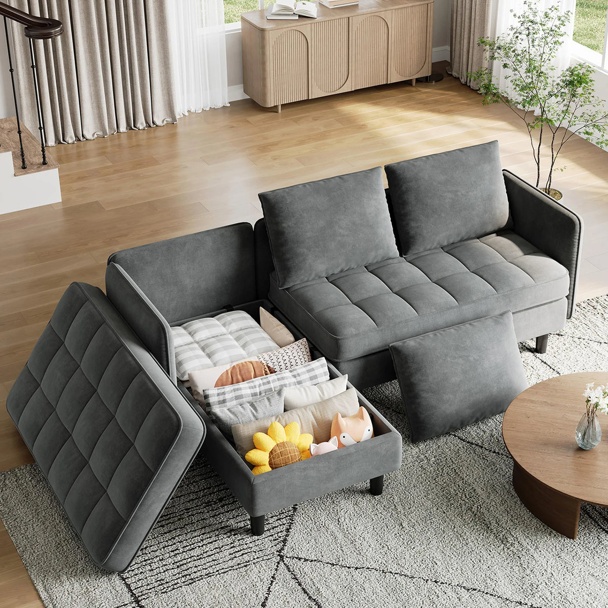 75.59 Inch Reversible L Shaped Sectional Sofa With Storage Ottoman, Chenille Couch For Small Spaces, Apartment Living Room Furniture Modern