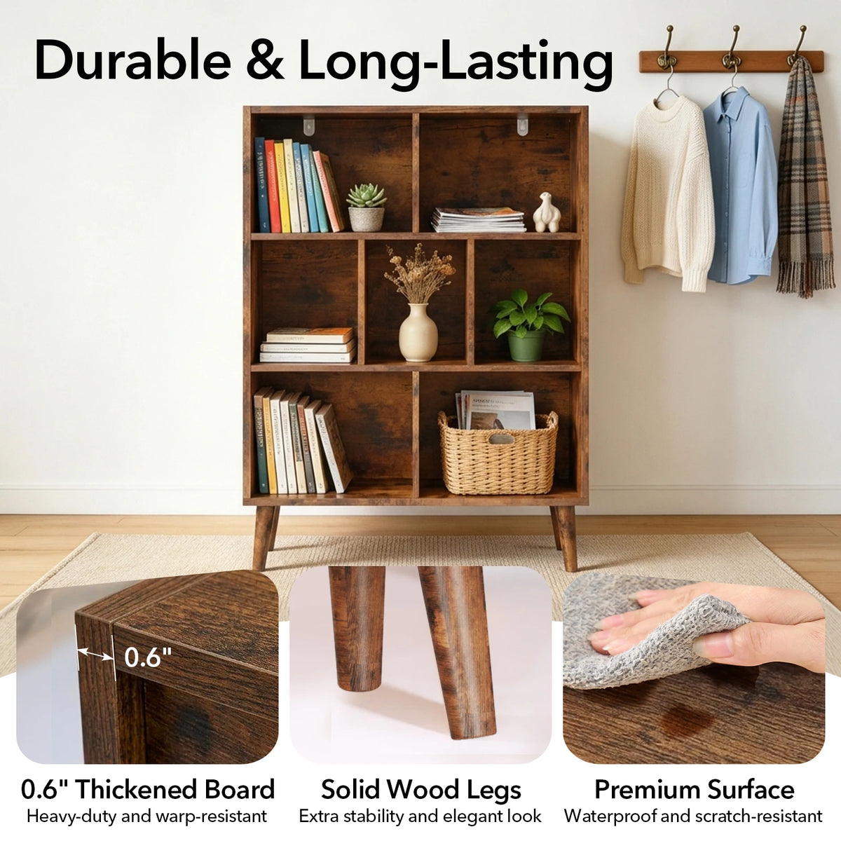 MCQ 3 Tier Wooden Bookcase with Legs Storage Organizer Display Shelves Classic Bookshelf Storage Shelves Bookshelf Sturdy Structure Graduated Shelves for Home