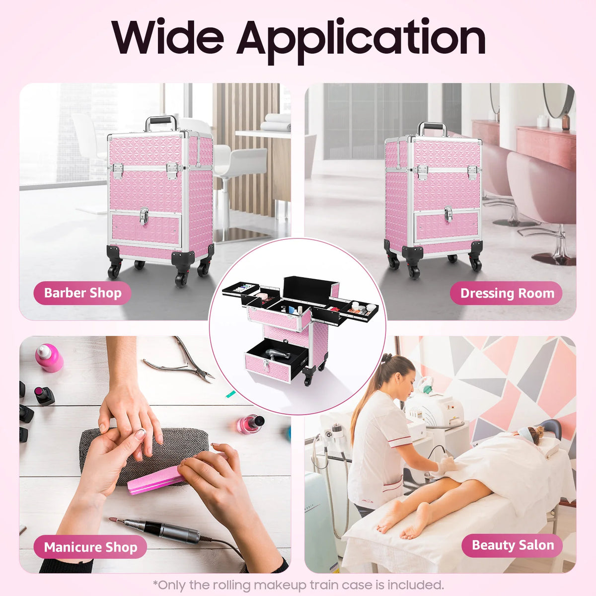 Makeup Trolley Pink Makeup Train Case With 7 Compartments Drawer Durable Aluminum Frame ABS Large Cosmetic Storage Box