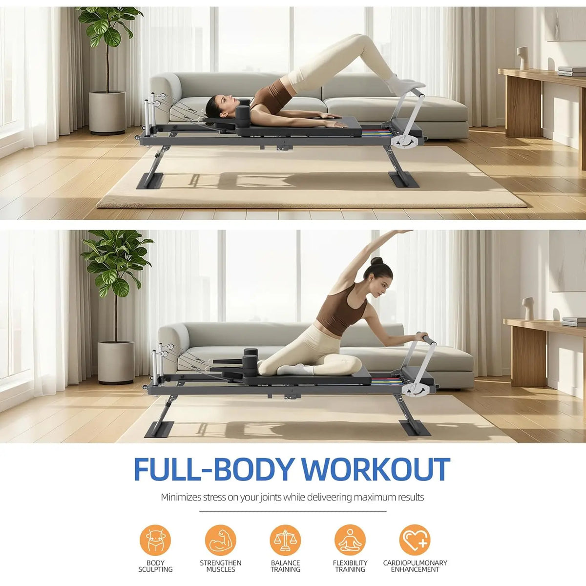 Foldable Pilates Reformer Machine With Adjustable Resistance Bands