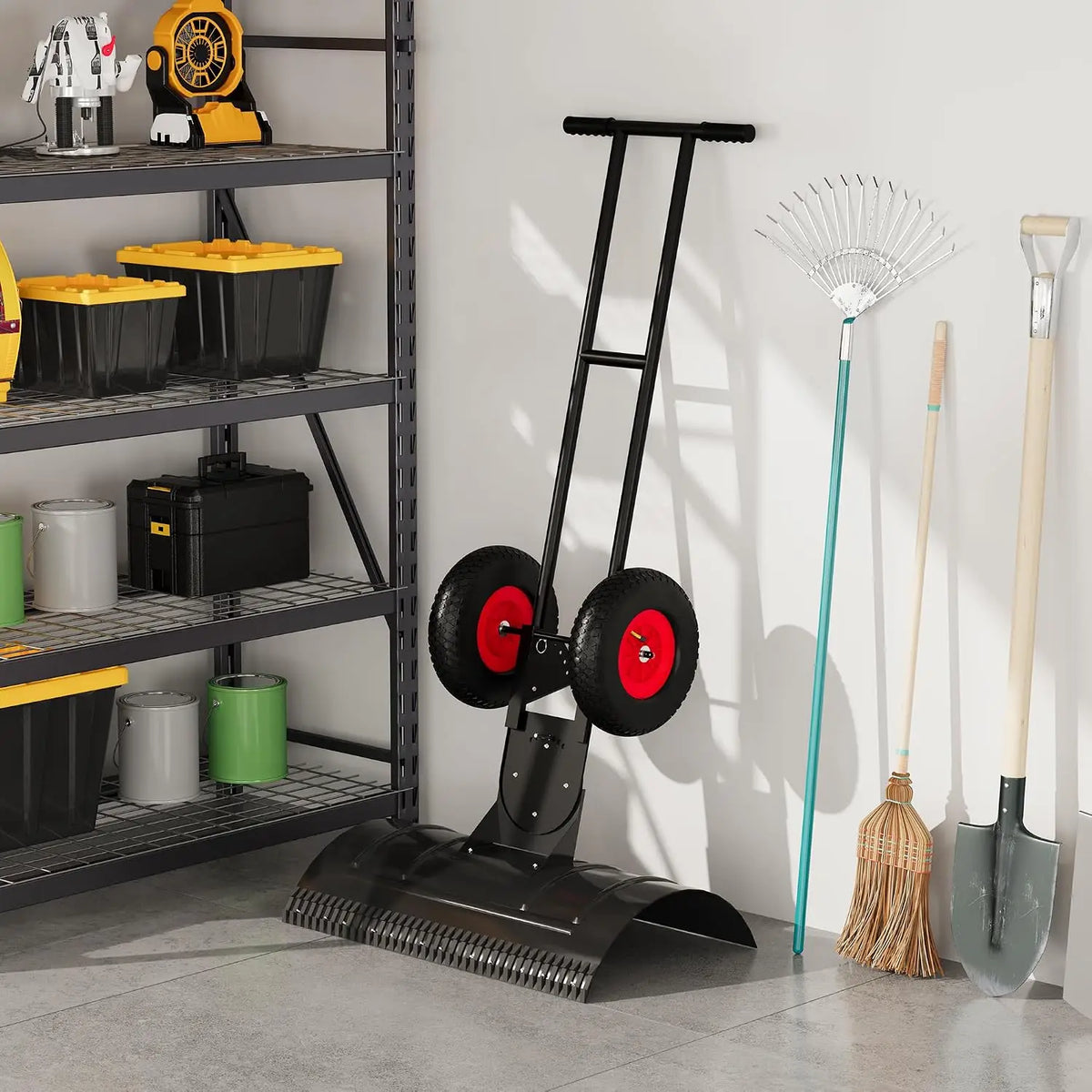 Wheeled Metal Snow Pusher with Adjustable Handle for Driveway Clearing