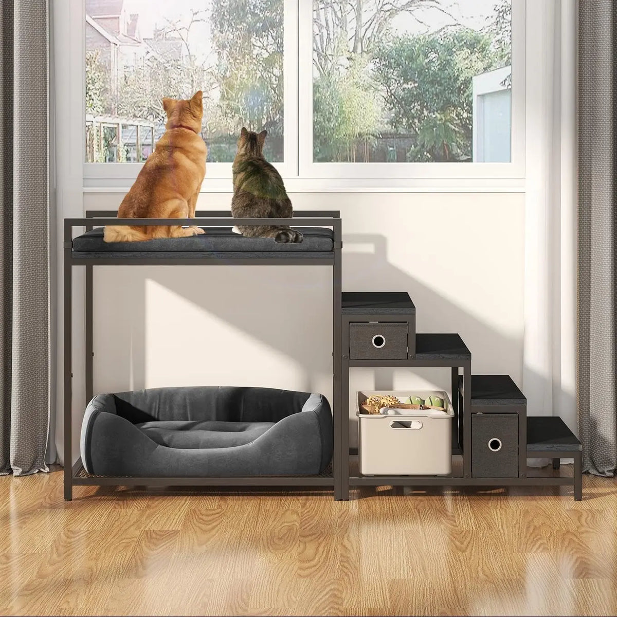Pet Bunk Bed with 2 Drawers & Removable 4-Step Stairs, Dog/Cat Window Perch with Soft Cushion, Non-Slip Metal Frame, 60 LBS Capacity