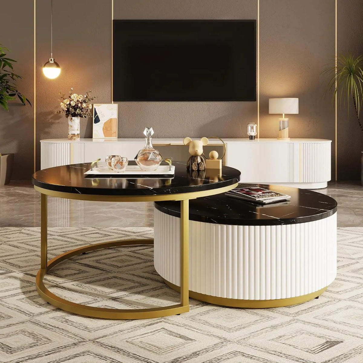 Modern Round Nesting Coffee Table with Marble Top, White & Gold Nesting Coffee Table Set of 2 Center Table with, Customized