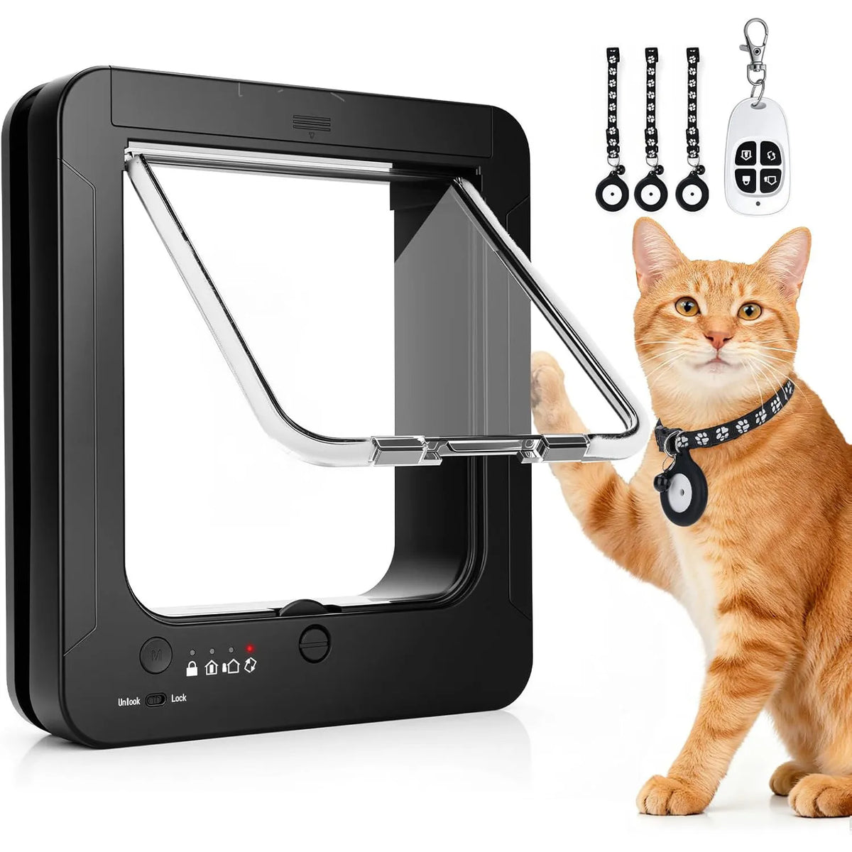 RFID Smart Cat Door Collar Activated Automatic Microchip Pet Flap 4 Way Controllable Direction Anti-Pinch Safe Electronic Sensing Pet Door Easy Install for Wood Glass Sliding Door Home Use