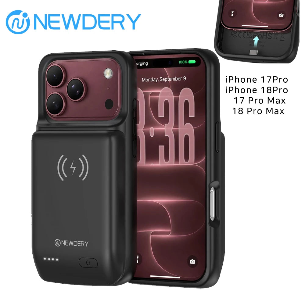 NEWDERY 10000mAh Battery Case For iPhone 17 Pro 18 Pro Max Wireless Charging Charger Case 20W Fast Recharging Power Bank Cover
