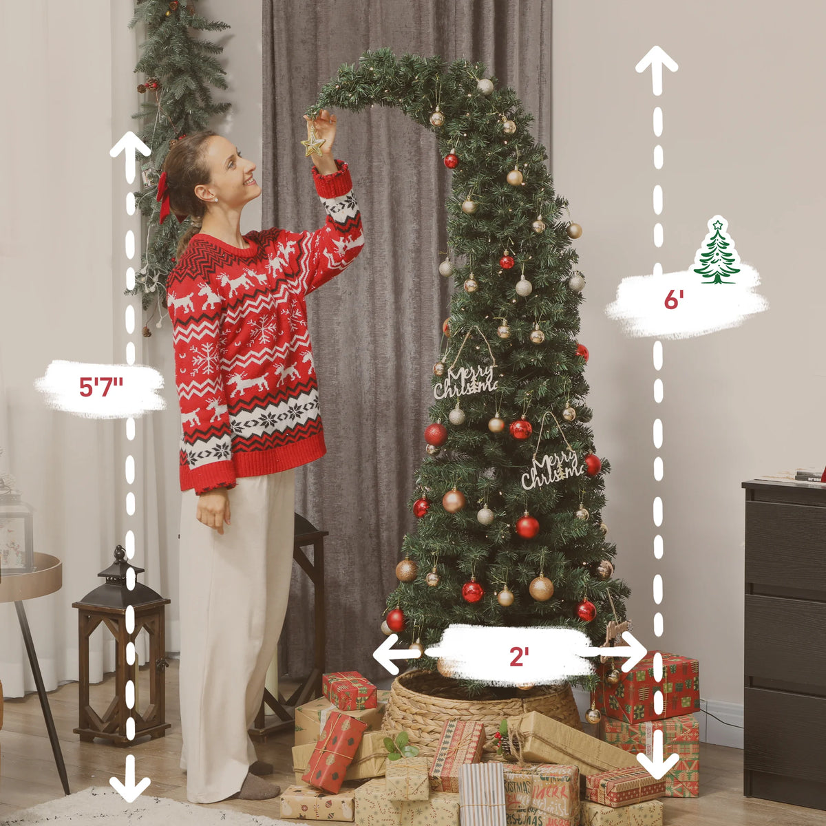 HOMCOM 6 ft Prelit Whimsical Christmas Tree, Slim High Mountain Fir Holiday Decor with 200 Warm White LEDs and 8 Modes, Xmas Tree with 493 Tips and Metal Stand for Home Office, Green