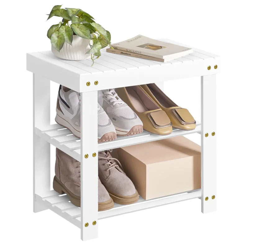 Shoe Rack Bench, 3-Tier Bamboo Shoe Storage Organizer with Seat, Heavy Duty Entryway Bench for Hallway Living Room Bedroom