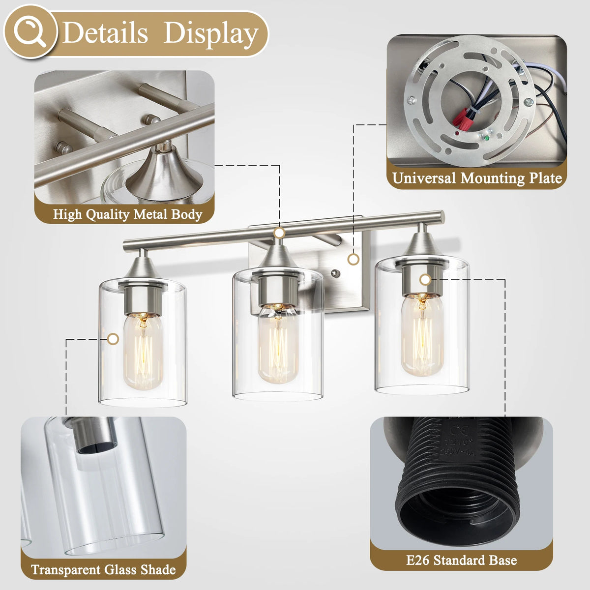 Three Light Brushed Nickel Bathroom Vanity Light With Clear Glass