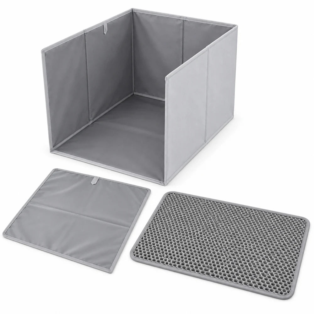 Cat Litter Box Splash Guard Foldable Open Top Enclosure With Floor Liner And Honeycomb Litter Mat For Indoor Cats Easy Clean Litter Area