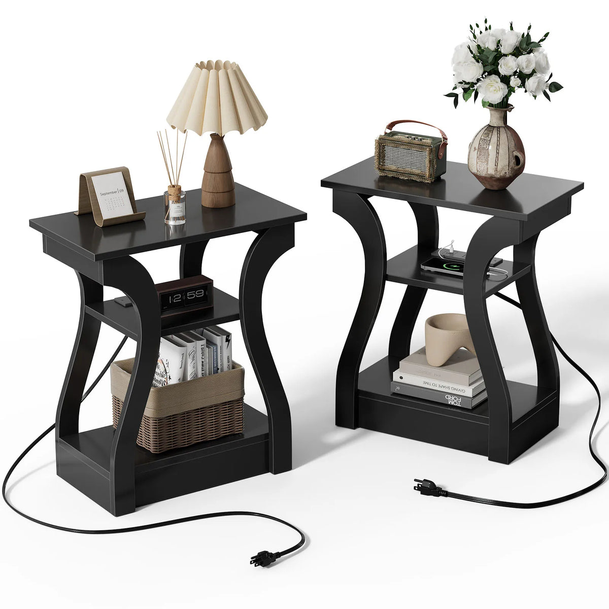 MCQ 2 Pack Living Room Cabinet with Charging Station 3-Tier Side Table Storage Display Nightstand Bedside Coffee Sofa Tea Table Cabinets For Furniture