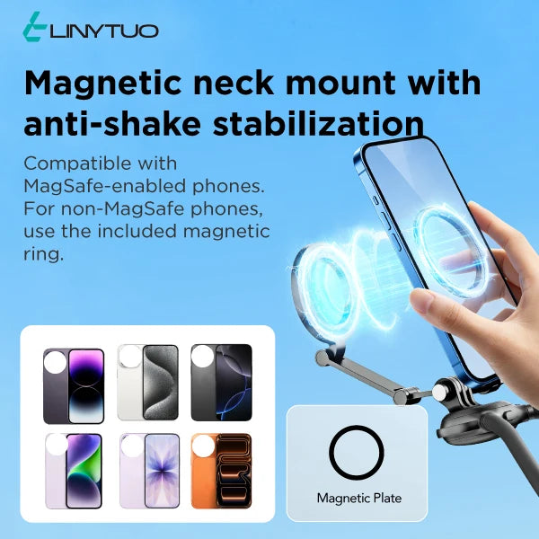 LINYTUO Magnetic Neck Phone Mount Hands Free POV Vlog Recording 360° Rotation Quick Release Neck Hanging Holder for iPhone Samsung Xiaomi