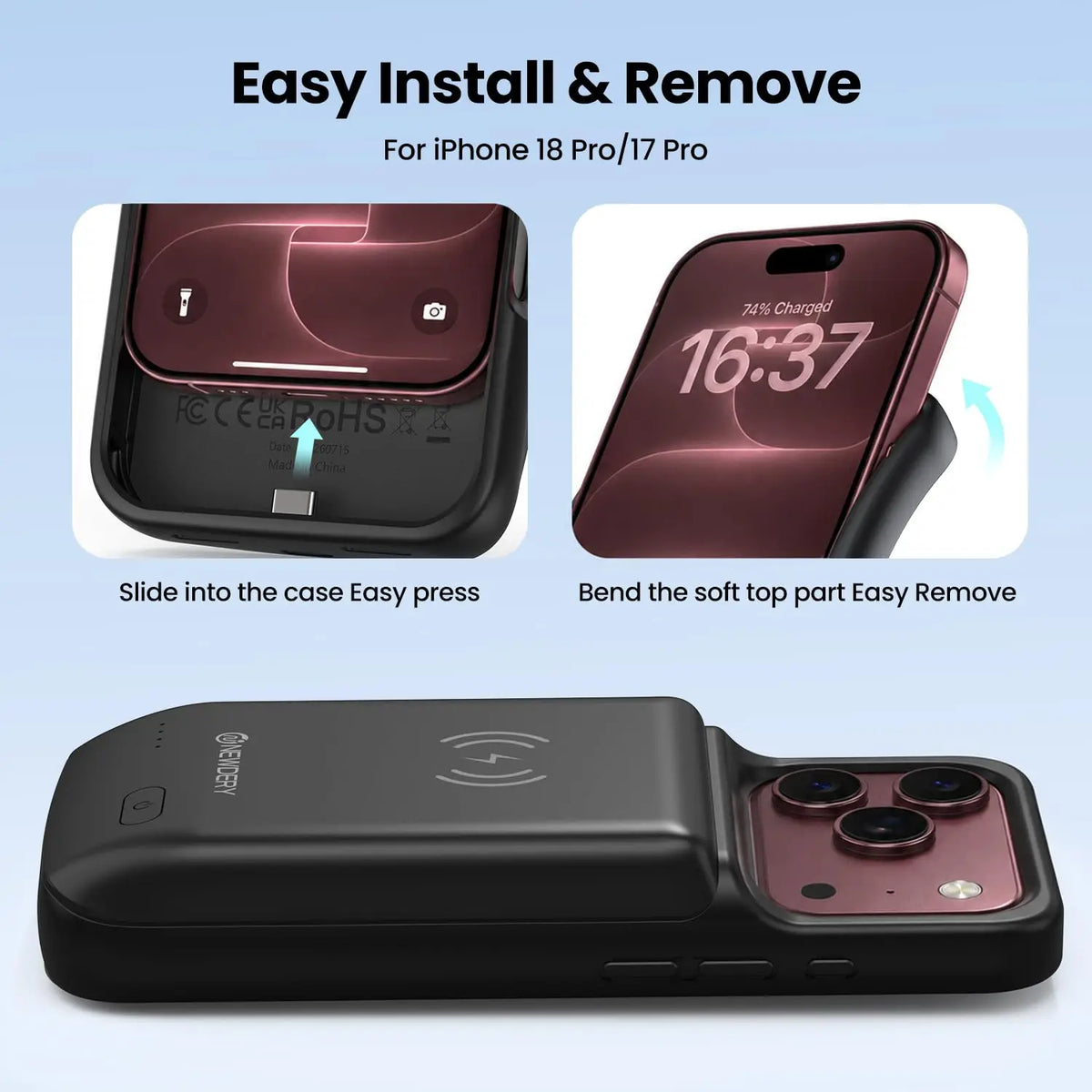 NEWDERY 10000mAh Battery Case For iPhone 17 Pro 18 Pro Max Wireless Charging Charger Case 20W Fast Recharging Power Bank Cover