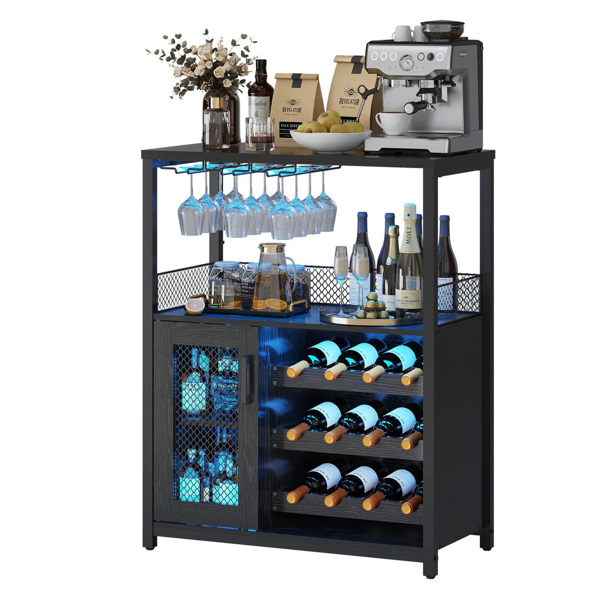 Wine Bar Cabinet With LED Lights And Adjustable Shelves