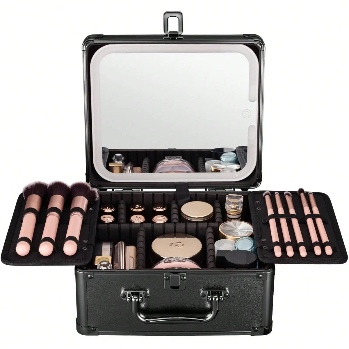 Professional Makeup Train Case with Rechargeable LED Mirror, Large Capacity Cosmetic Organizer with Adjustable Dividers, Travel Makeup Storage Box for Artist Salon Vanity