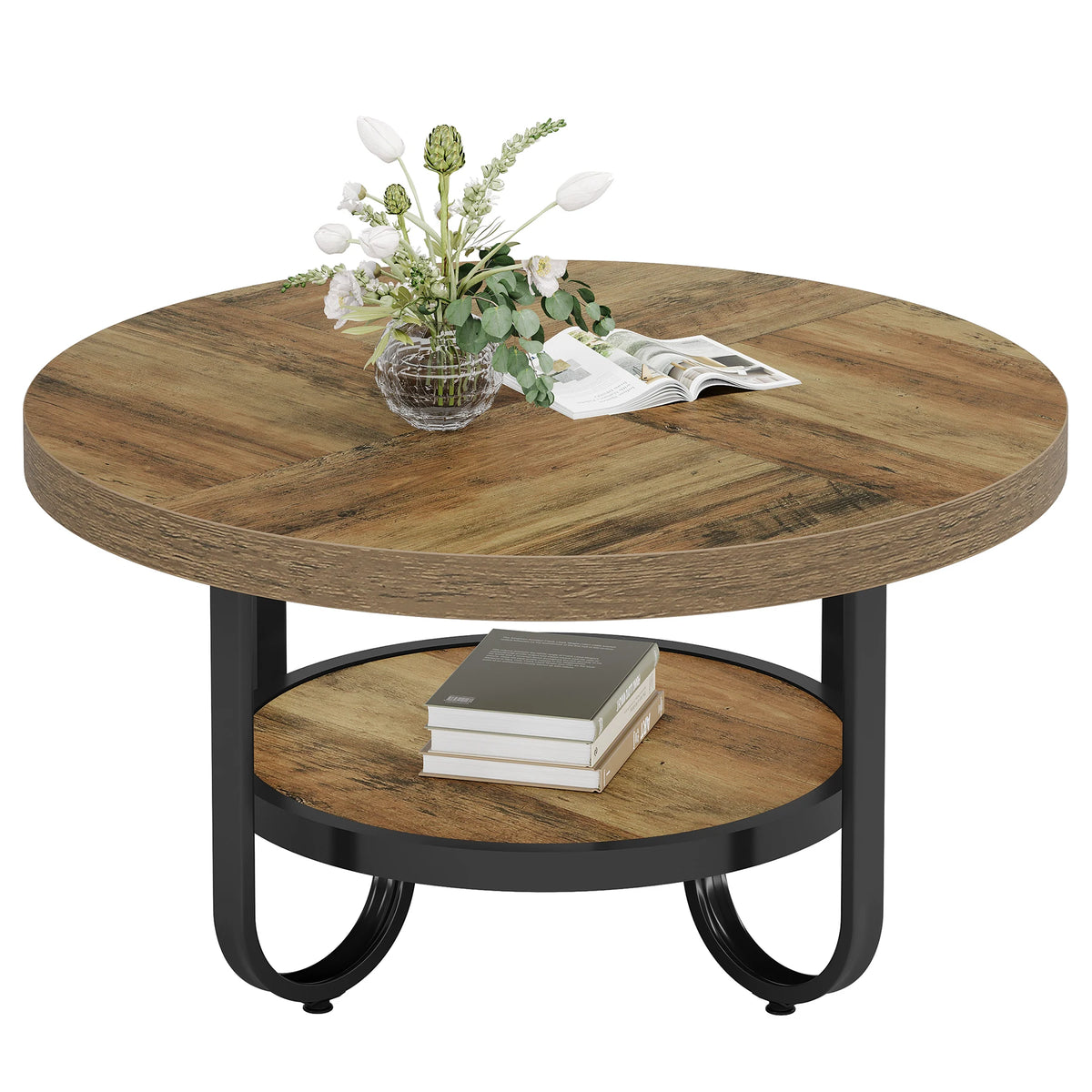 Tribesigns Round Coffee Table With Two Tier Storage Shelf