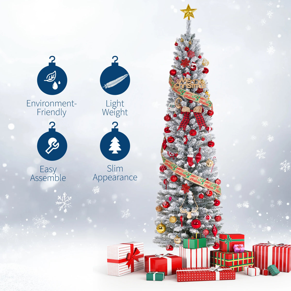 6-9FT Pencil Christmas Tree Pre-Lit Frosted Artificial Tree Skinny Xmas Trees Holiday Decoration, with LED Light and Metal Base 2026 Saving Holiday Decor for Home, Office, Indoor/Outdoor Use 6FT Artificial Christmas Tree