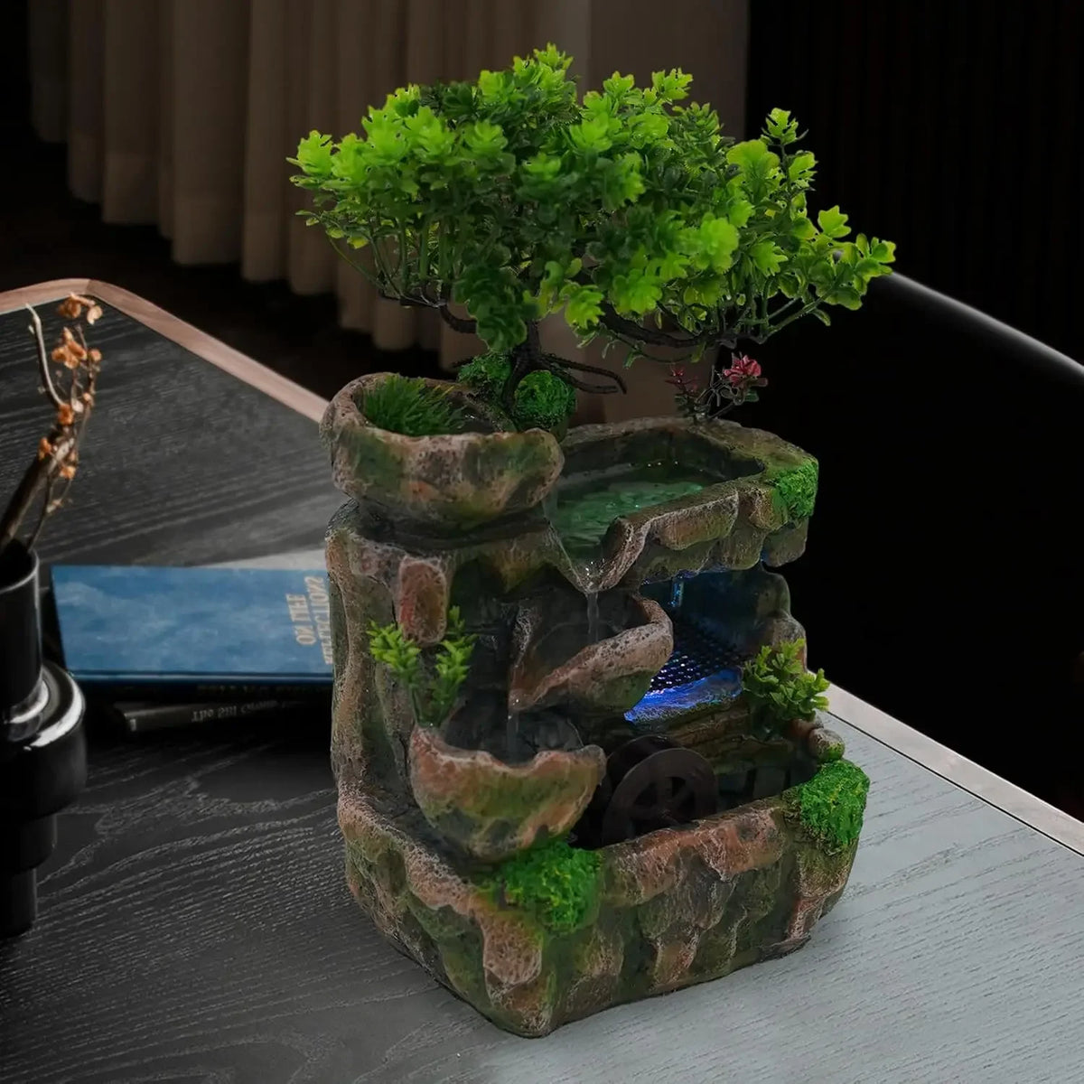 Indoor Waterfall Meditation Fountain with Automatic Pump and LED Light, Tabletop Waterfall Fountain, Relax Desktop Water for Home Office Bedroom Decoration
