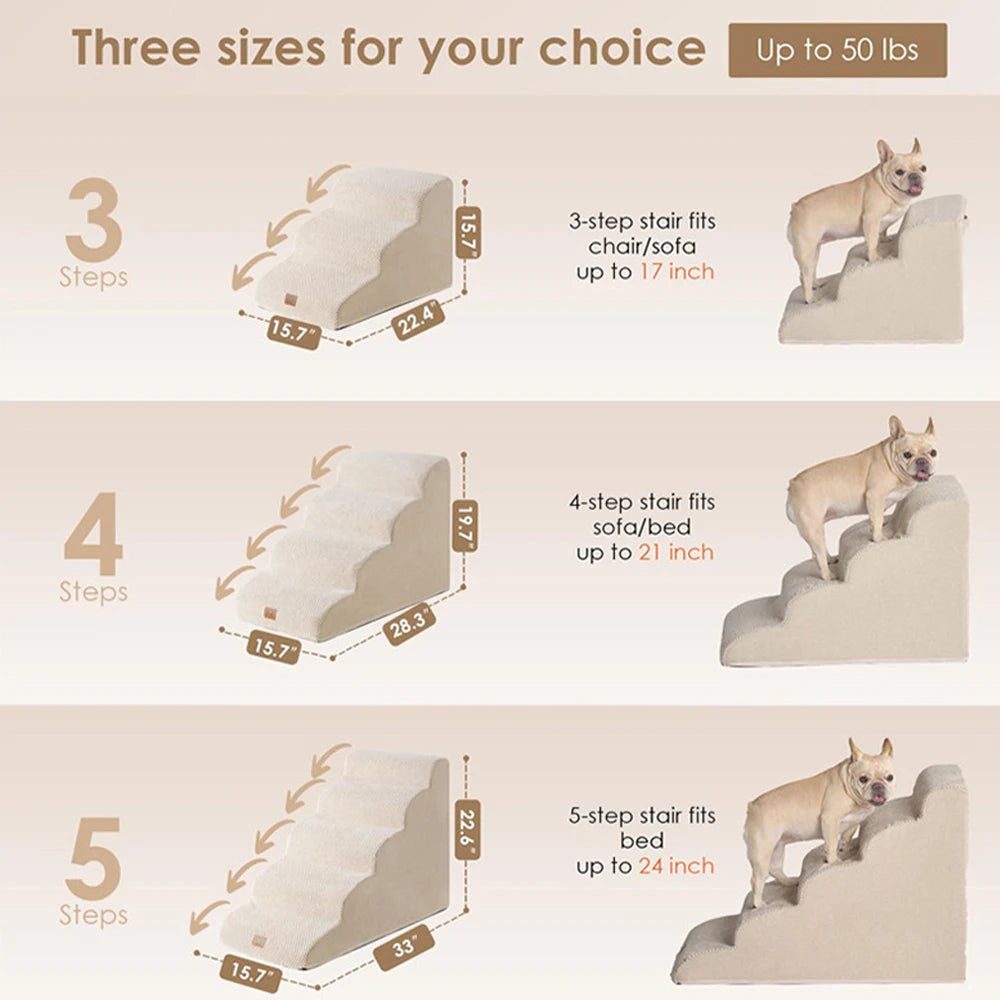 Dog Stairs for Small Dogs Cats, 3/4/5 Steps High Density Foam Pet Steps Ramp, Non-Slip Bottom Removable Washable Cover Pet Stair for Bed Sofa Couch Car, Support Up to 50Lbs for Senior Injured Short Leg Pets