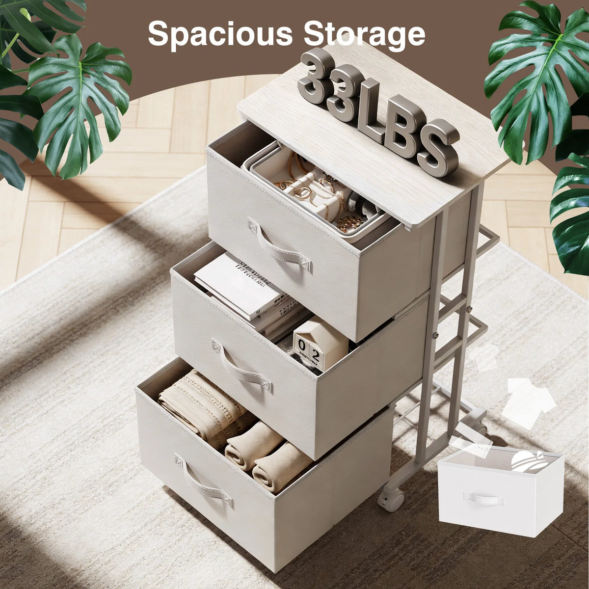 MCQ Movable Roller Cabinet With 3 Foldable Fabric Drawers Wooden Top Dresser Tables With Steel Structure Display Of Furniture