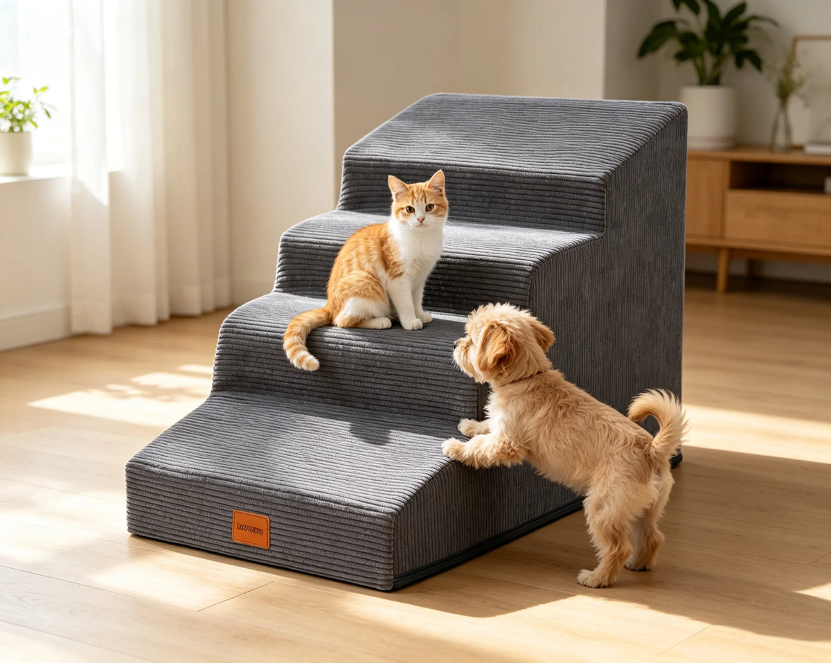 Dog Stairs for Small Dogs Cats, 3/4/5 Steps High Density Foam Pet Steps Ramp, Non-Slip Bottom Removable Washable Cover Pet Stair for Bed Sofa Couch Car, Support Up to 50Lbs for Senior Injured Short Leg Pets