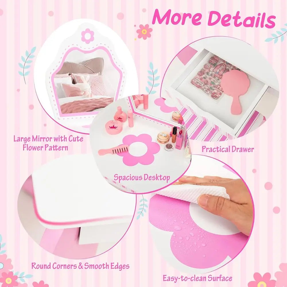 Kids Vanity, Girls Vanity Set with Mirror and Stool, Storage Der, Wooden PrincMakeup Dring Table, Kids Vanity Table and Chair Se