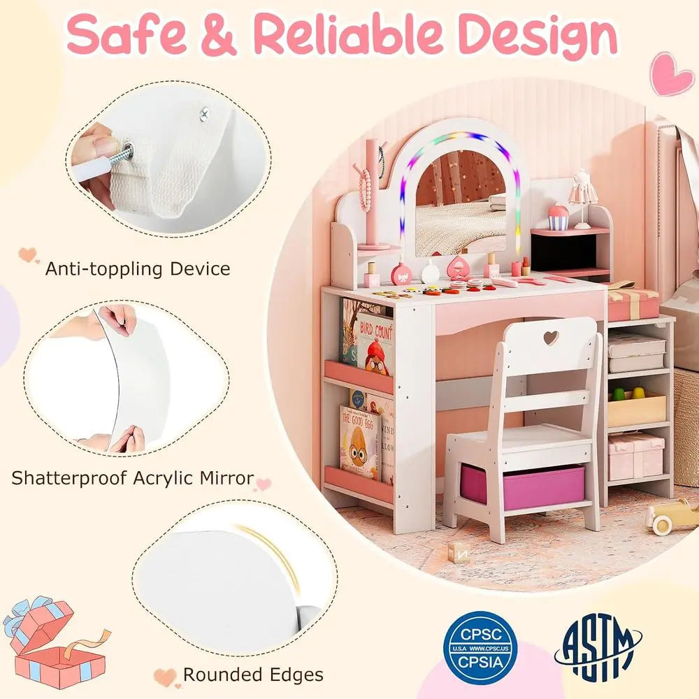 Kids Vanity, Girls Vanity Set with Lighted Mirror, Bookshel, lry Storage, Toddler Makeup Vanity Desk Dring Table, Wooden Kids Va
