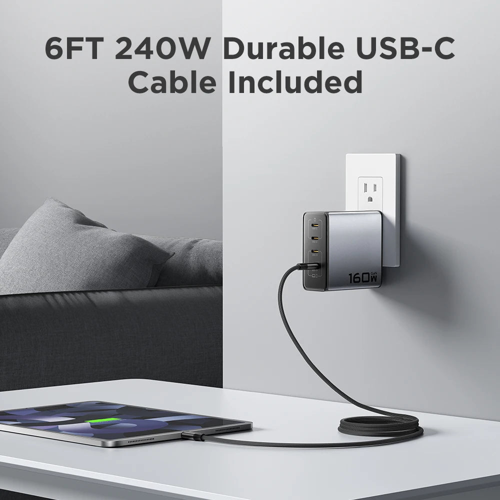 PISEN 160W GaN Charger 4 USB C Port & 1.8m Fast Charging Cable PD3.1 Quick Charger for MacBook Laptop Tablet iPhone Samsung iPad