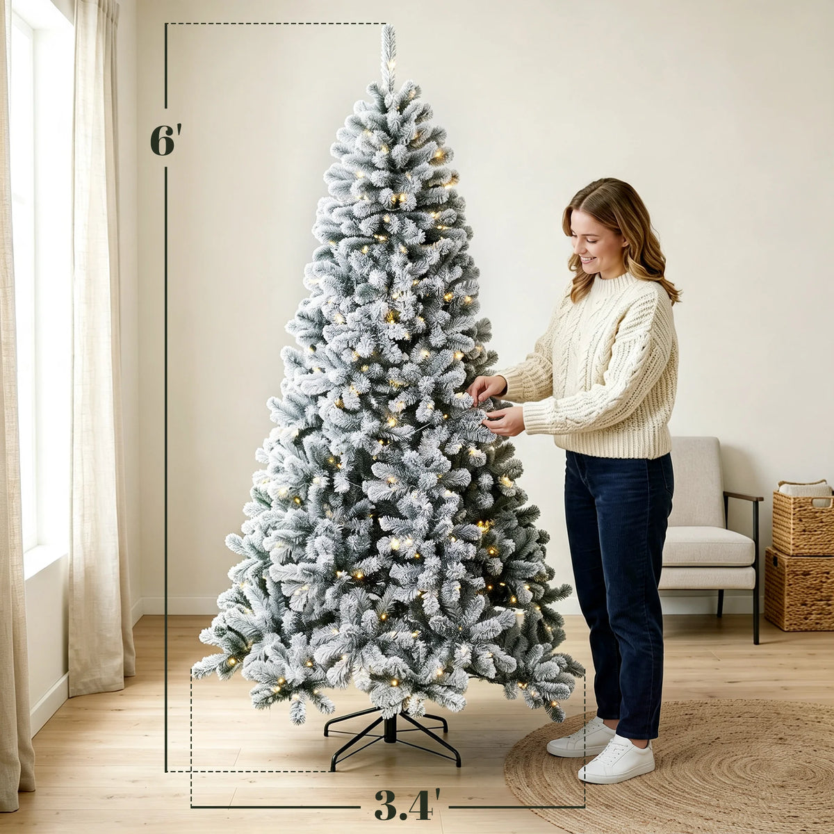 HOMCOM 6ft Flocked Prelit Christmas Tree, Northern Pine, Artificial Xmas Tree with 706 Curved Tips, 250 LEDs, Foldable Steel Base, Green White