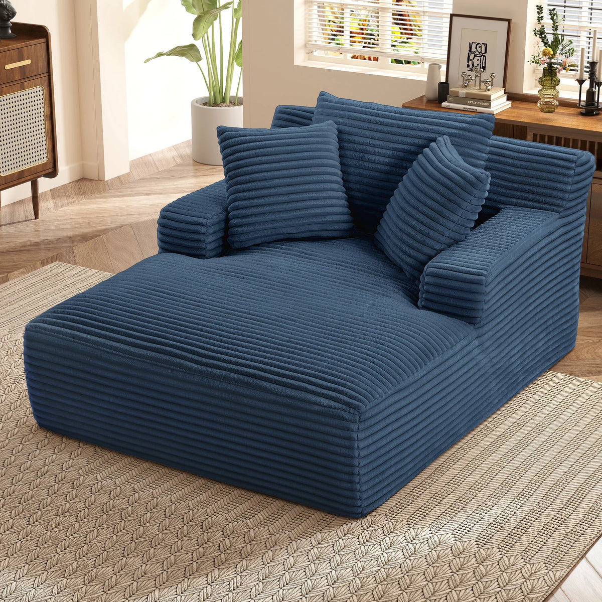 66" Oversized Chaise Lounge Chair Corduroy Oversized Boneless Couch Sofa Bed Reading Chair Sleeper Chaise with 3 Pillows, Blue
