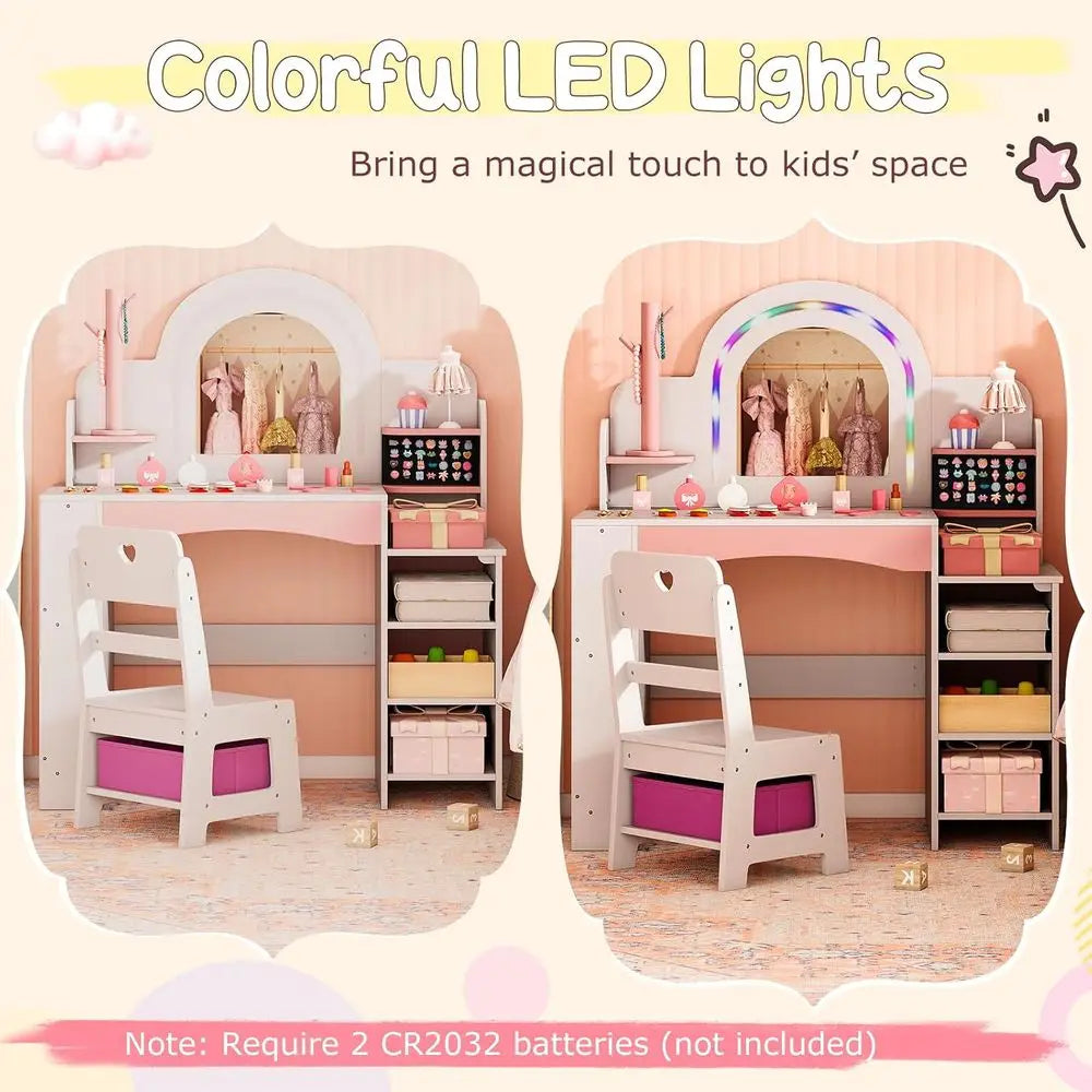 Kids Vanity, Girls Vanity Set with Lighted Mirror, Bookshel, lry Storage, Toddler Makeup Vanity Desk Dring Table, Wooden Kids Va