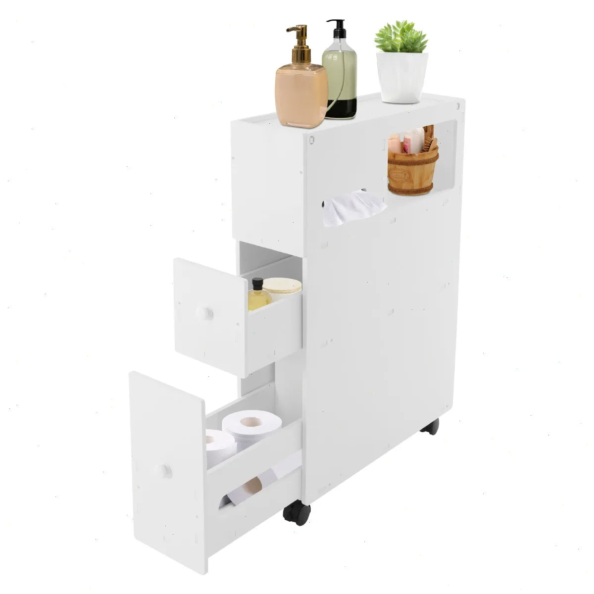 Narrow Bathroom Storage Cabinet, PVC, 4 Wheels with Brakes, Multi-Layer, Slim, for Toilet, Bathroom, Living Room, Organizer, Trolley, Floor Storage, Space Saving