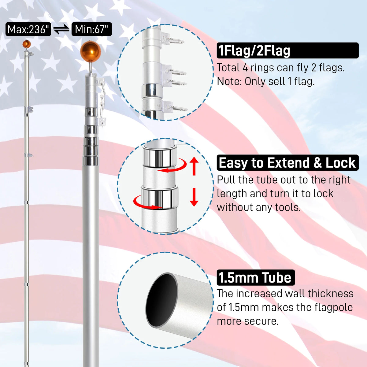 Heavy Duty Aluminum Telescopic Flag Pole Kit With American Flag
