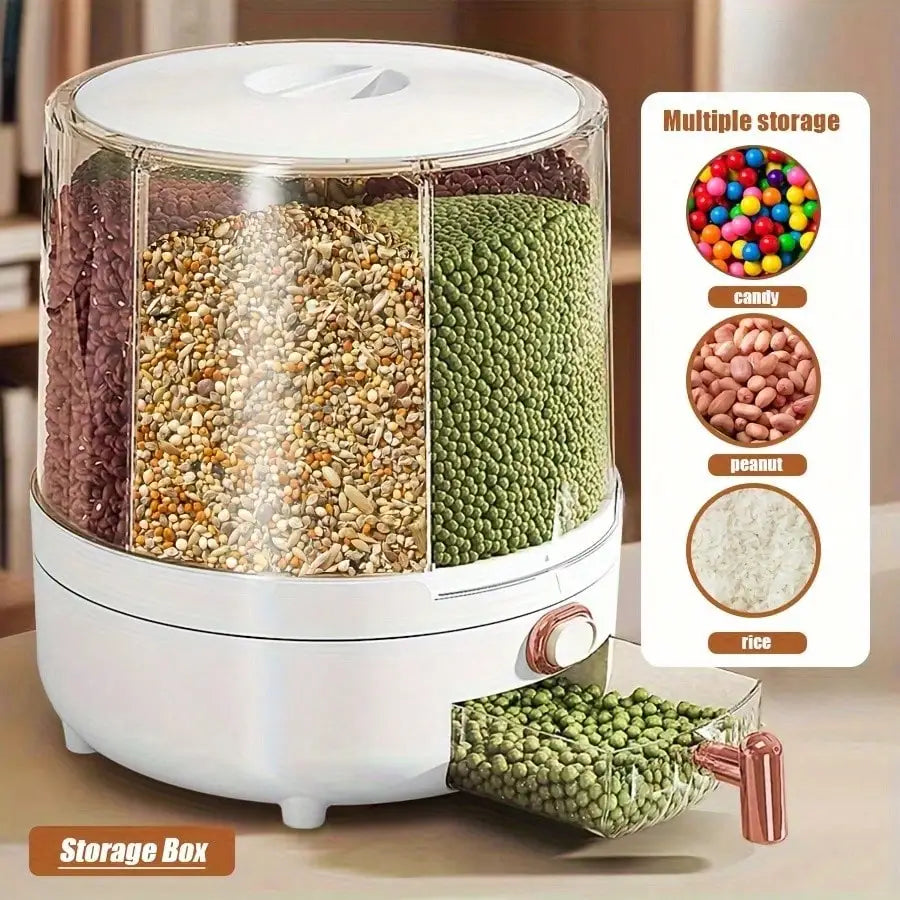 1pc Rice Bucket, Rice Dispenser, Grain Dispenser, 360° Rotating Rice Storage Box, Kitchen Grain Storage Container, 6 Compartments, One-Button Design, Convenient Access To Wheat, Beans And Rice!