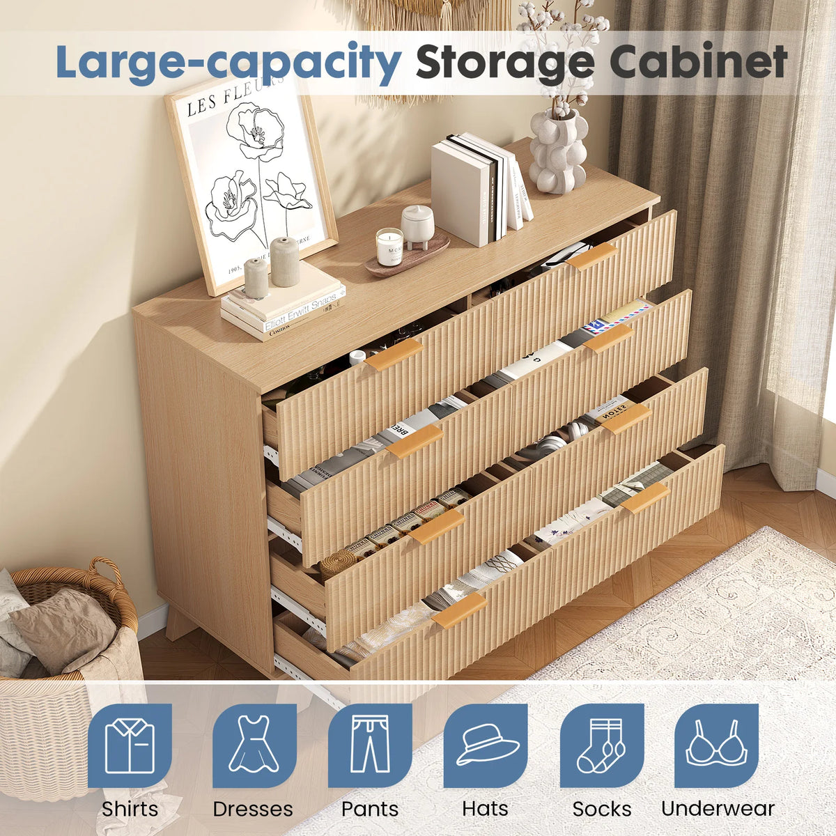 MCQ Grooved Wooden 8 Drawers Storage Cabinet 39.4" Wide Chest Beside Nightstand Dresser TV Stand Tables Various Storage Display Home Furniture