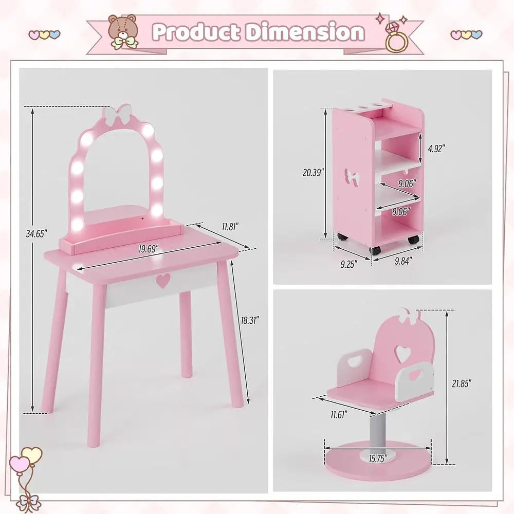 Kids Vanity Set with Light and Barber Chair, Pink Makeup Dring Vanity Table with Storage Shel and Hair Sn Play Set 7 pcs Accorie
