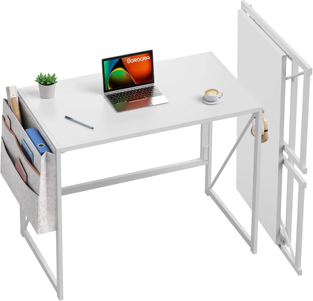 31.5" Folding Computer Desk Space-Saving Compact Home Office Writing Desk Side Storage Pocket & 2 Headphone Hooks Collapsible Computer Writing Table for Home Office, Bedroom, Balcony