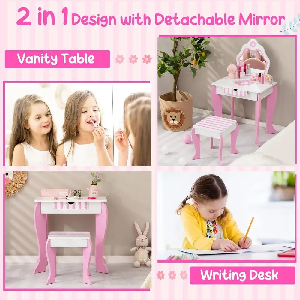 Kids Vanity, Girls Vanity Set with Mirror and Stool, Storage Der, Wooden PrincMakeup Dring Table, Kids Vanity Table and Chair Se