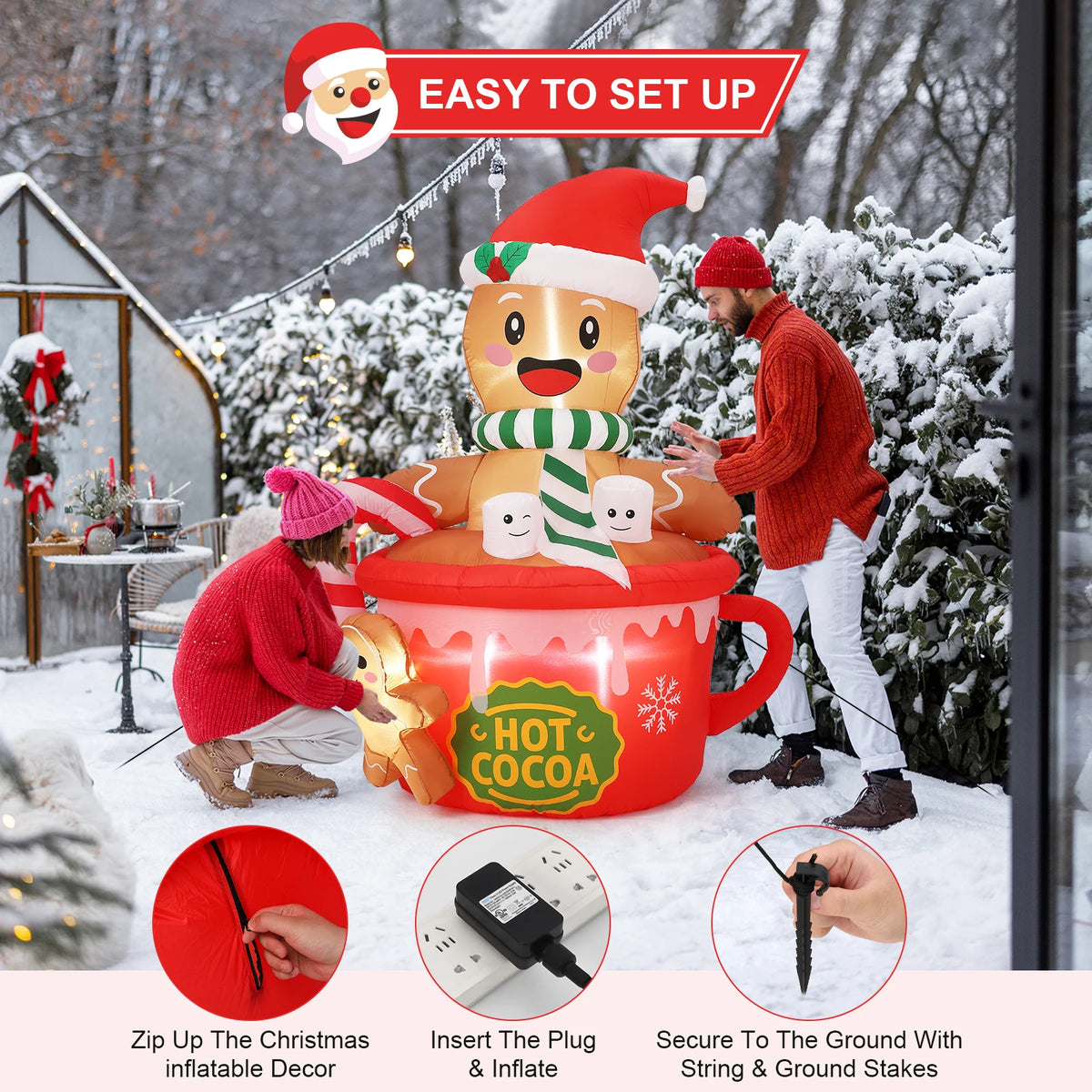 6FT Prelit Gingerbread Man in Hot Cocoa Mug Christmas Inflatable Built In LED Lights Easy Setup Blow Up Outdoor Yard Decor for Lawn Garden Patio Holiday Party Winter Festival Display Supplies