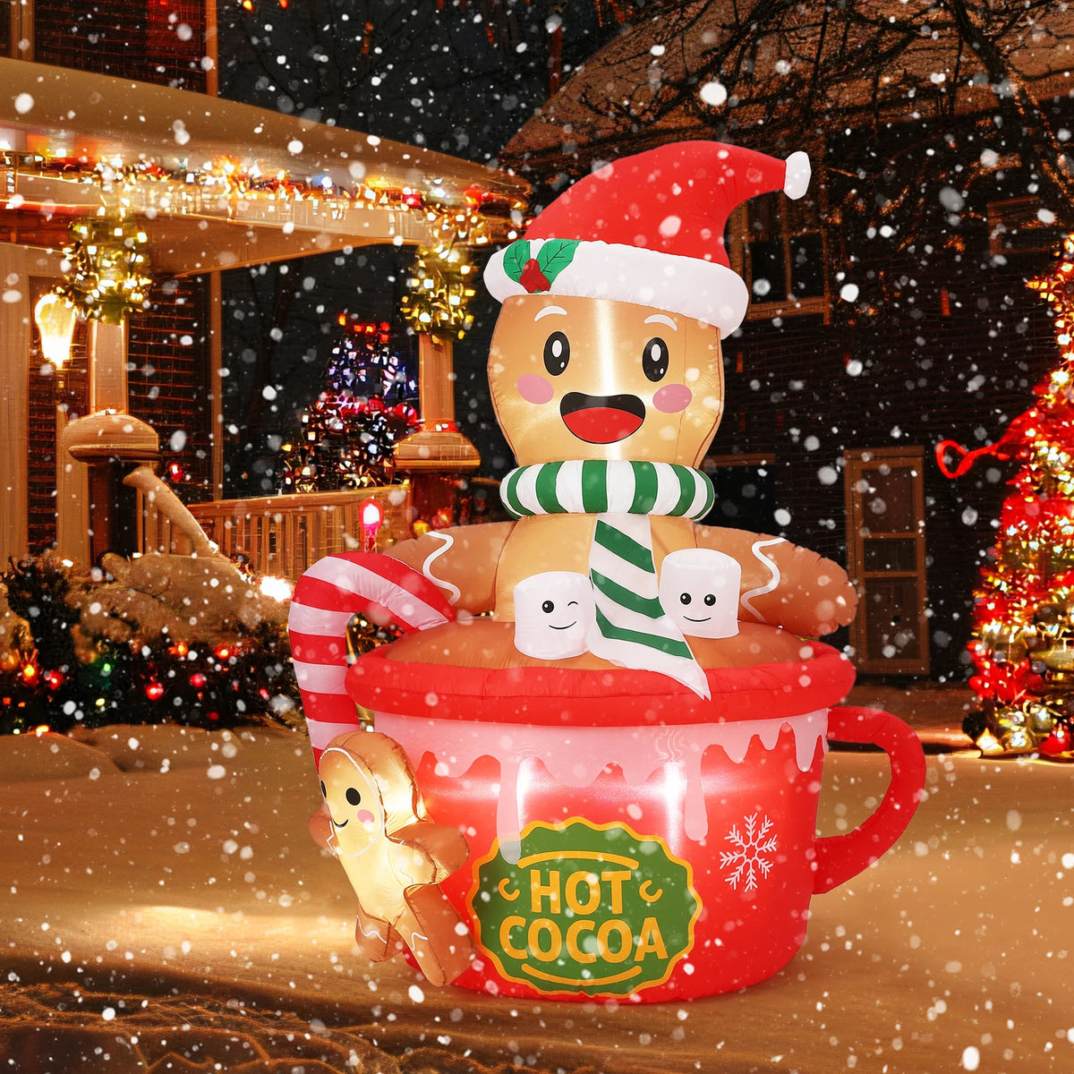 6FT Prelit Gingerbread Man in Hot Cocoa Mug Christmas Inflatable Built In LED Lights Easy Setup Blow Up Outdoor Yard Decor for Lawn Garden Patio Holiday Party Winter Festival Display Supplies
