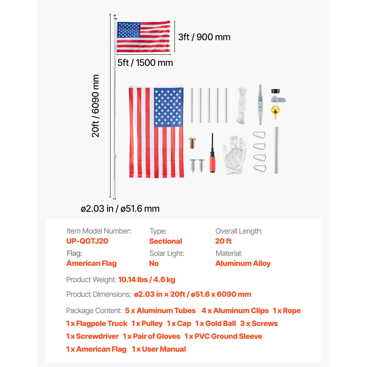 VEVOR Aluminum Flagpole Kit With American Flag For Yard