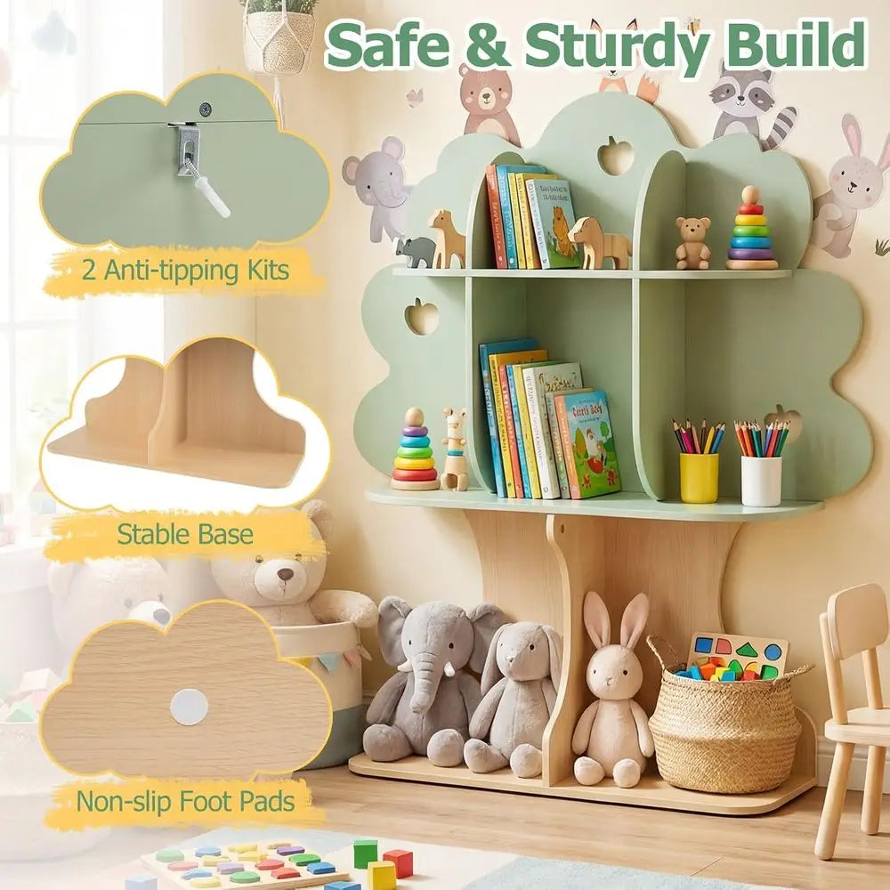 45" Kids Tree Bookshel, Toddler Bookcase w/Open Shelves, 3-Tier Toddler Montori Bookshel Toy Storage Organizer or Reading Nook,