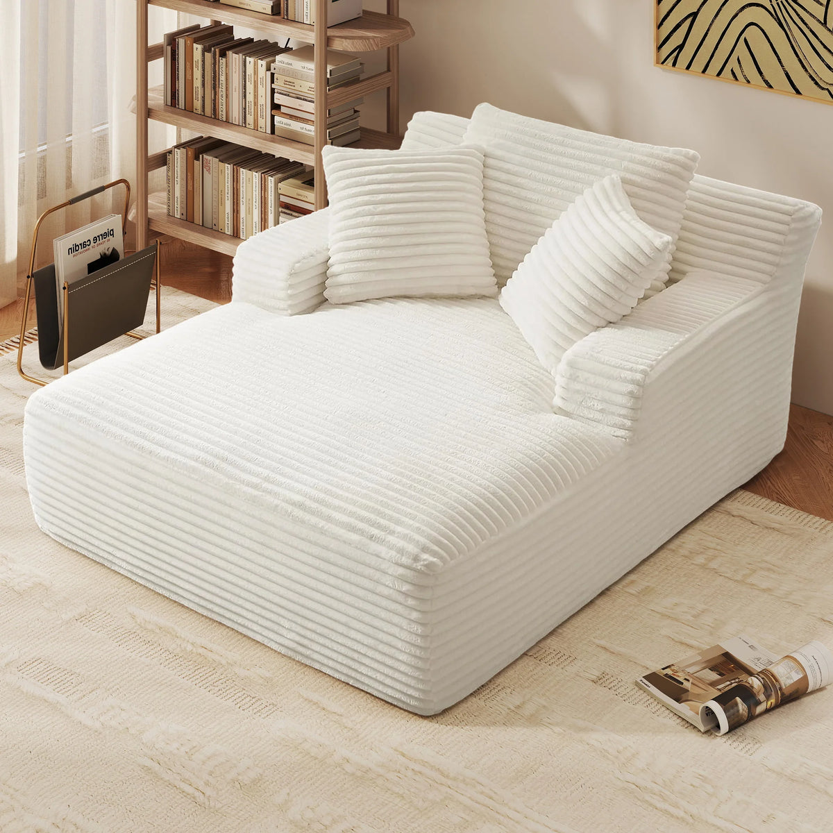 66" Oversized Chaise Lounge Chair Corduroy Oversized Boneless Couch Sofa Bed Reading Chair Sleeper Chaise with 3 Pillows, Blue