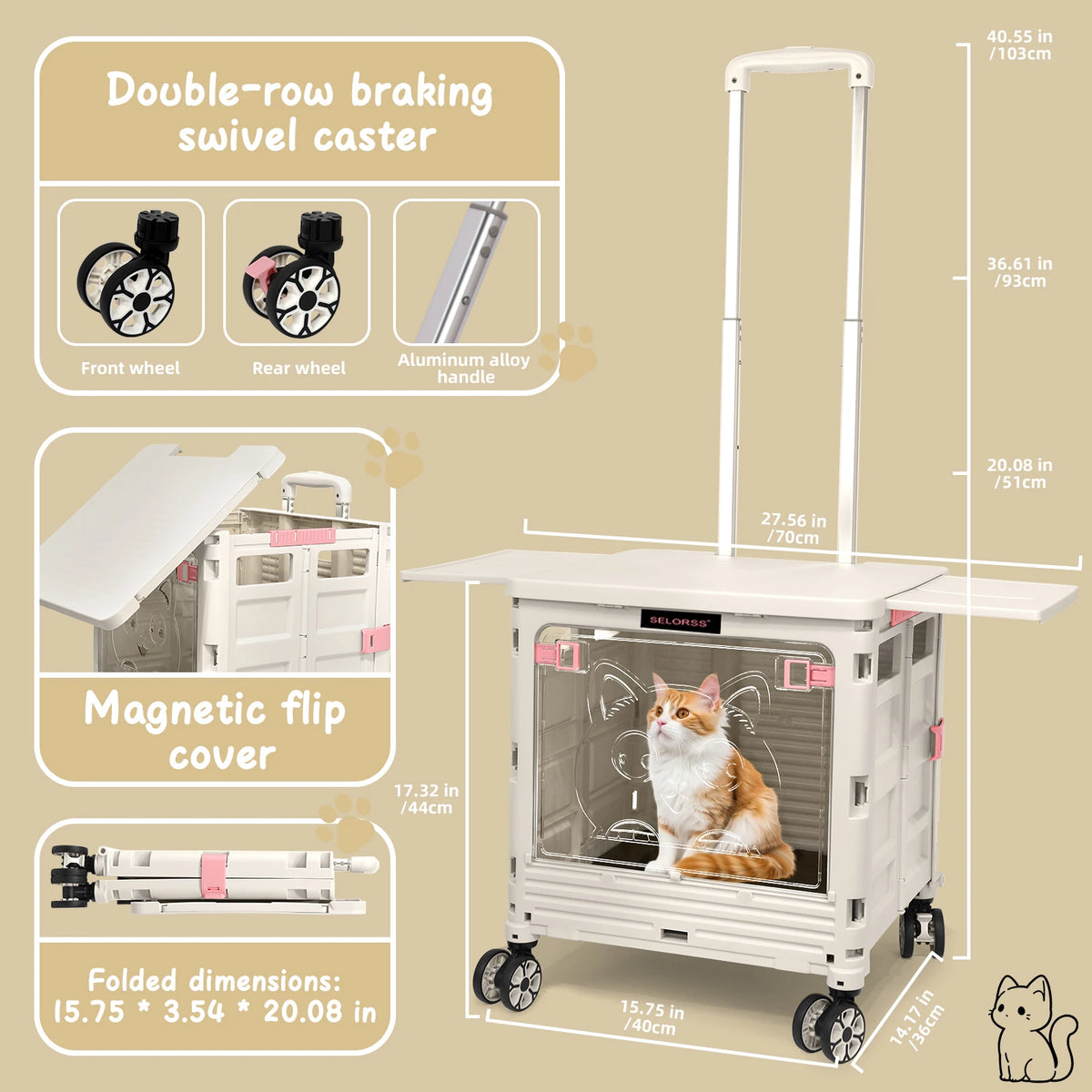 2-in-1 Foldable Shopping Cart & Rolling Pet Carrier, 55L Collapsible Utility Cart with Wheels, Pet Carrier with Telescopic Handle for Cats & Small Dogs, Portable Grocery Cart for Picnic, Travel