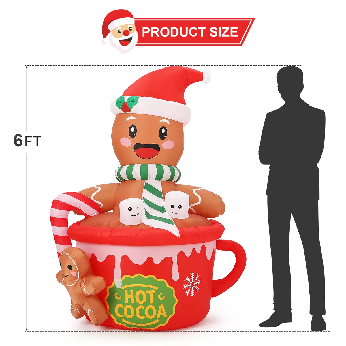 6FT Prelit Gingerbread Man in Hot Cocoa Mug Christmas Inflatable Built In LED Lights Easy Setup Blow Up Outdoor Yard Decor for Lawn Garden Patio Holiday Party Winter Festival Display Supplies